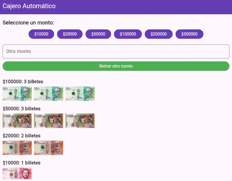 Selección de monto y desglose de los billetes a dispensar