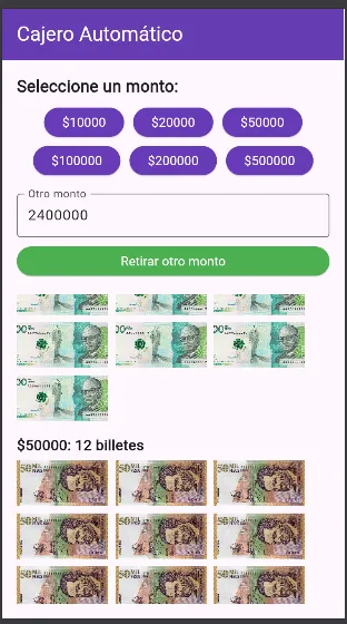 Retiro de un monto personalizado con el cálculo de billetes en vista móvil