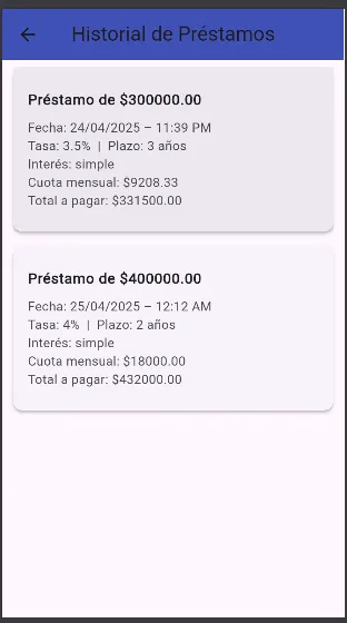 Historial de préstamos con cuota mensual y total a pagar