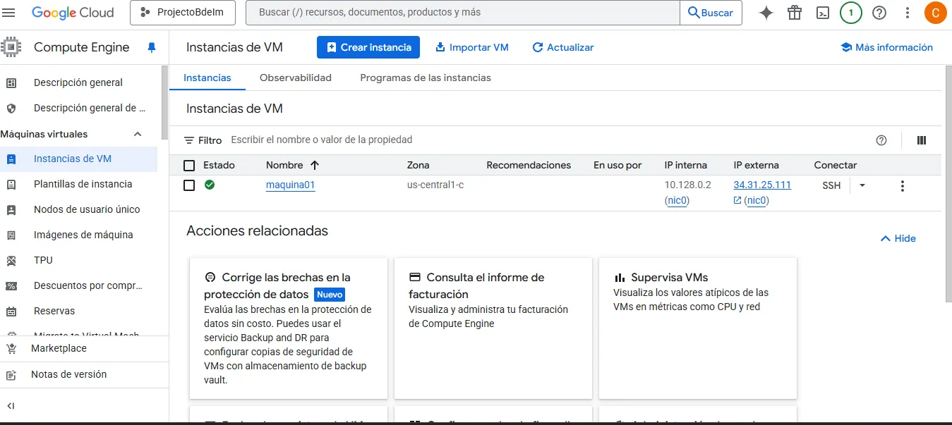Instancia de Compute Engine desplegada en GCP, zona us-central1