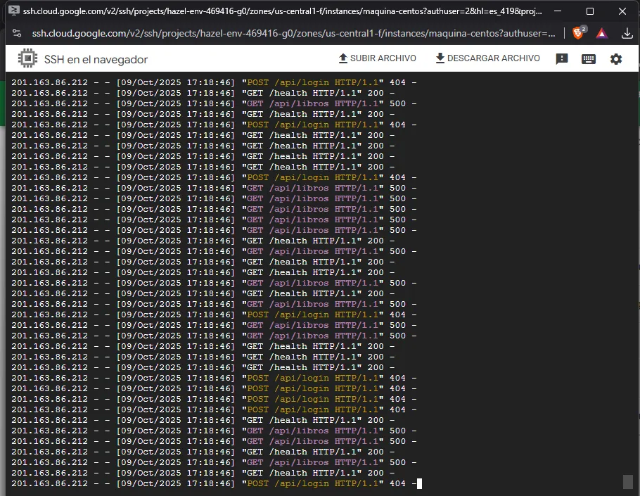 Logs de acceso del backend durante la prueba de carga con Locust