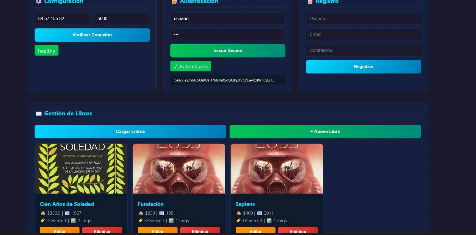Cliente web del laboratorio: health check, autenticación JWT y gestión de libros