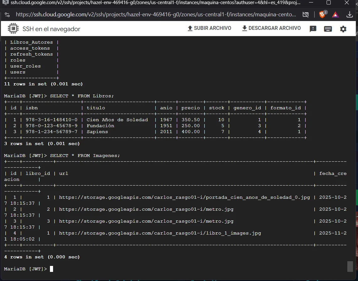 Esquema en MariaDB y consultas sobre las tablas del catálogo