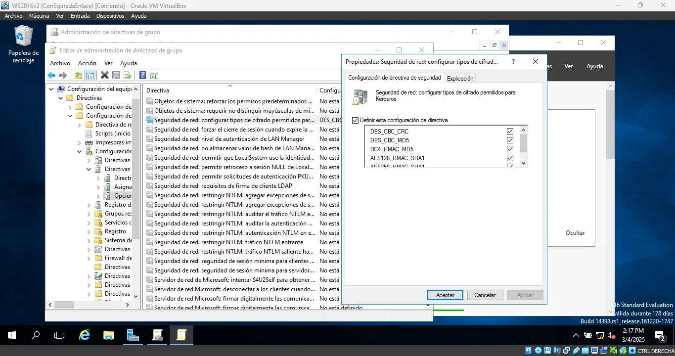 Endurecimiento de Kerberos: tipos de cifrado permitidos y restricciones NTLM por directiva