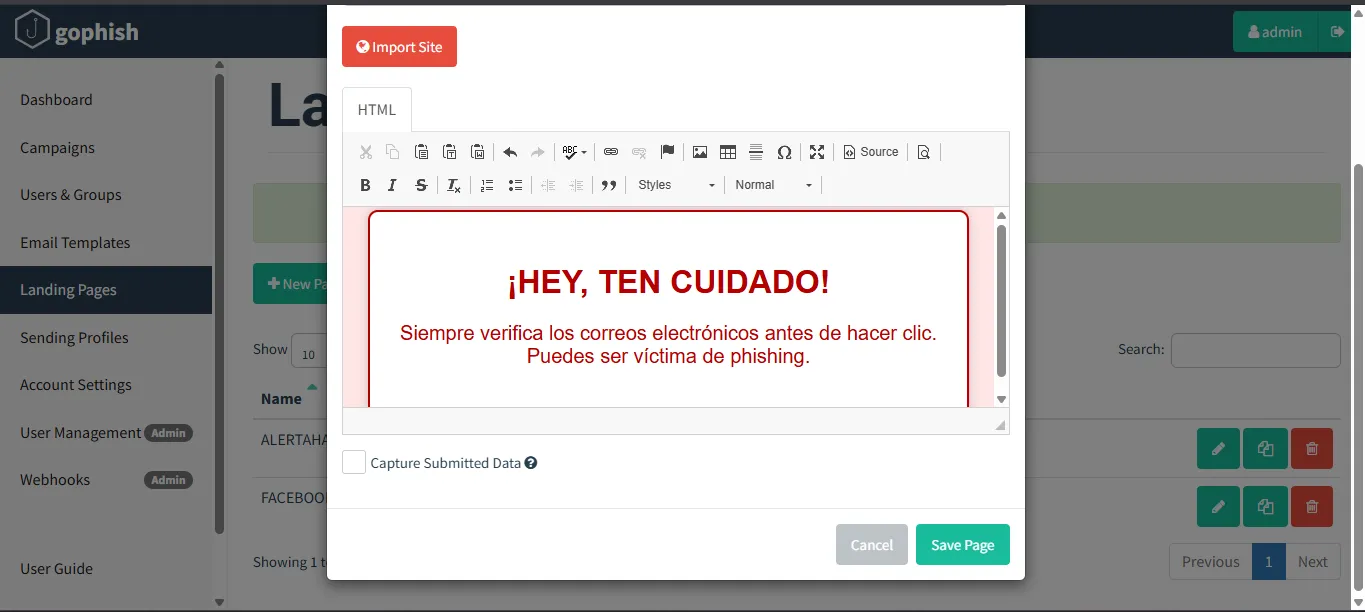 Página de concienciación a la que se redirige a quien cae en la campaña