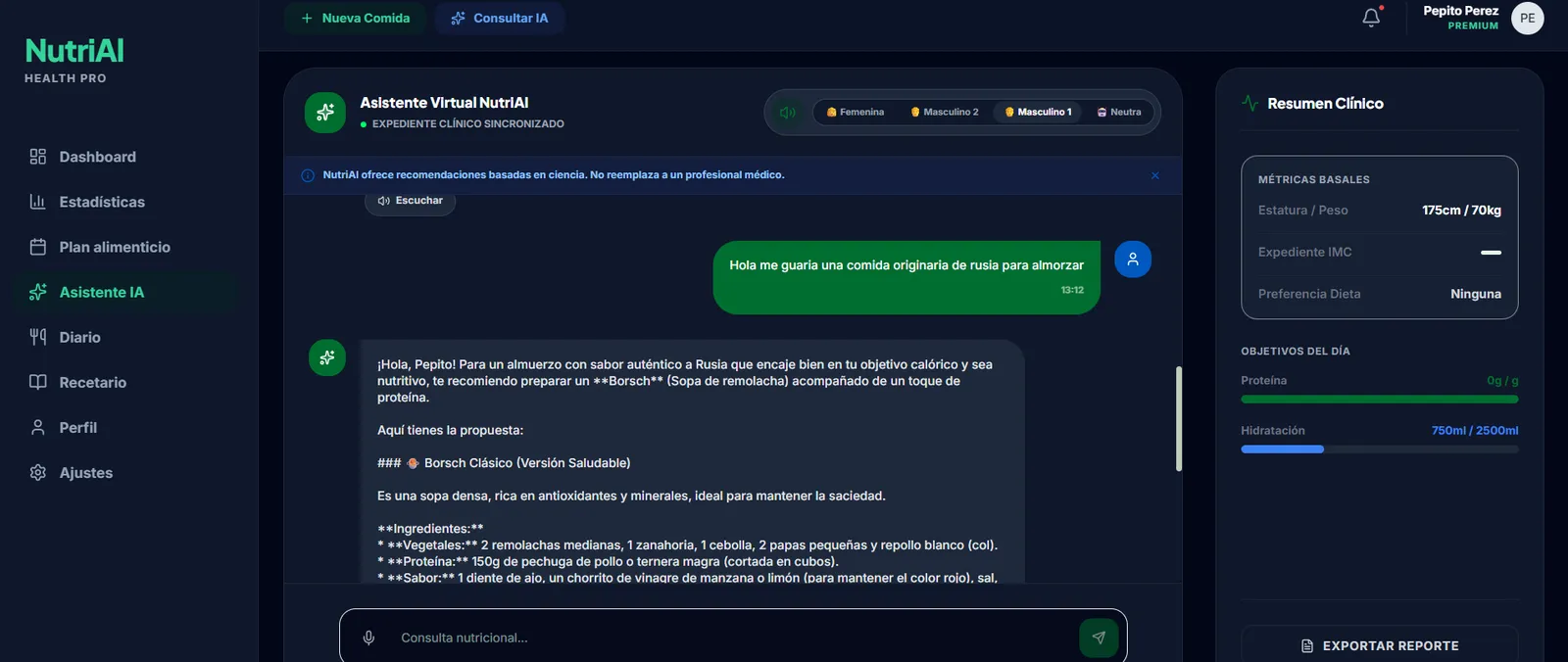 Asistente con síntesis de voz, aviso médico y resumen clínico lateral