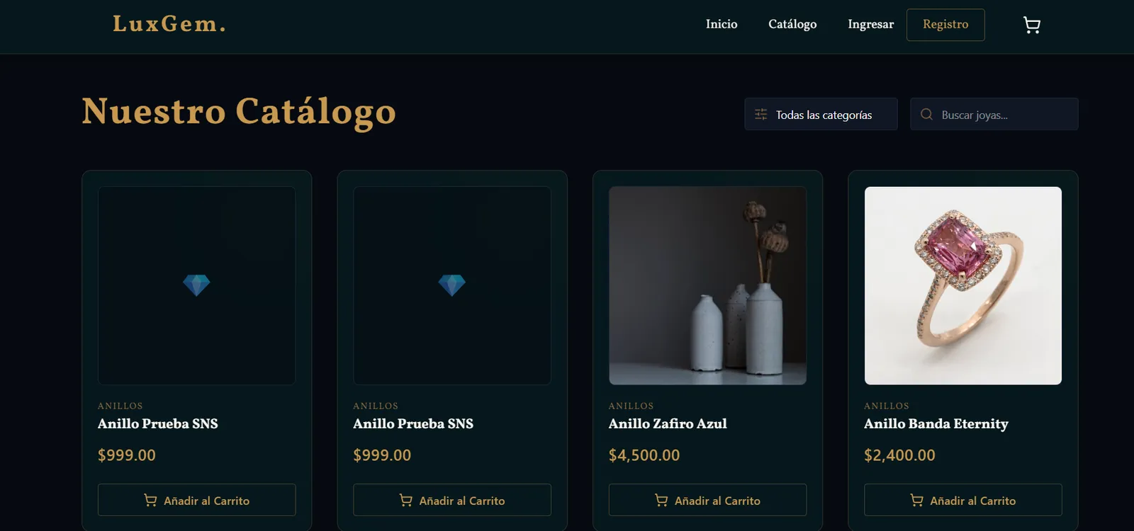 Catálogo de LuxGem con los productos creados desde el flujo serverless