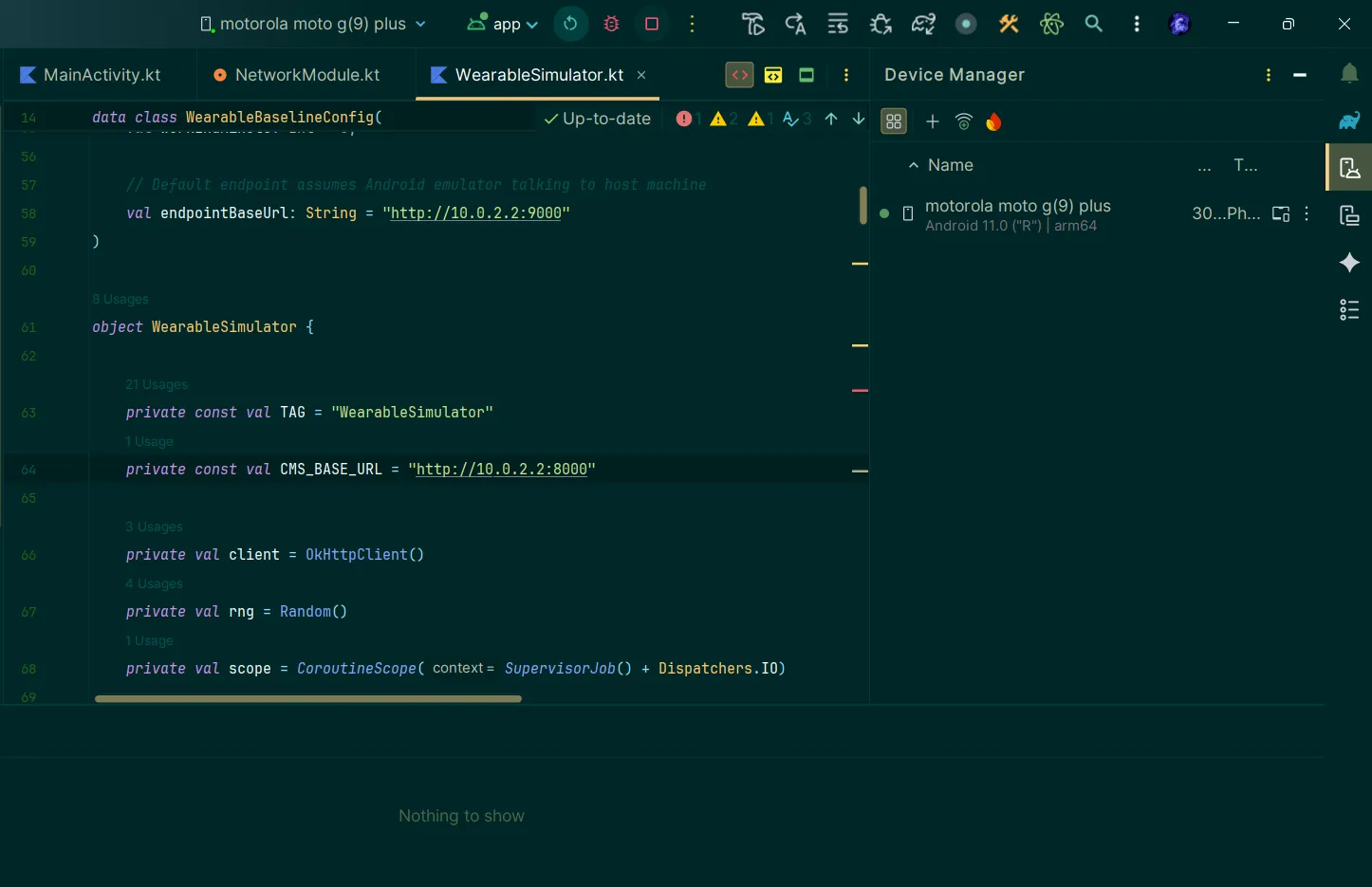 Simulador de wearable en Android Studio conectado al backend