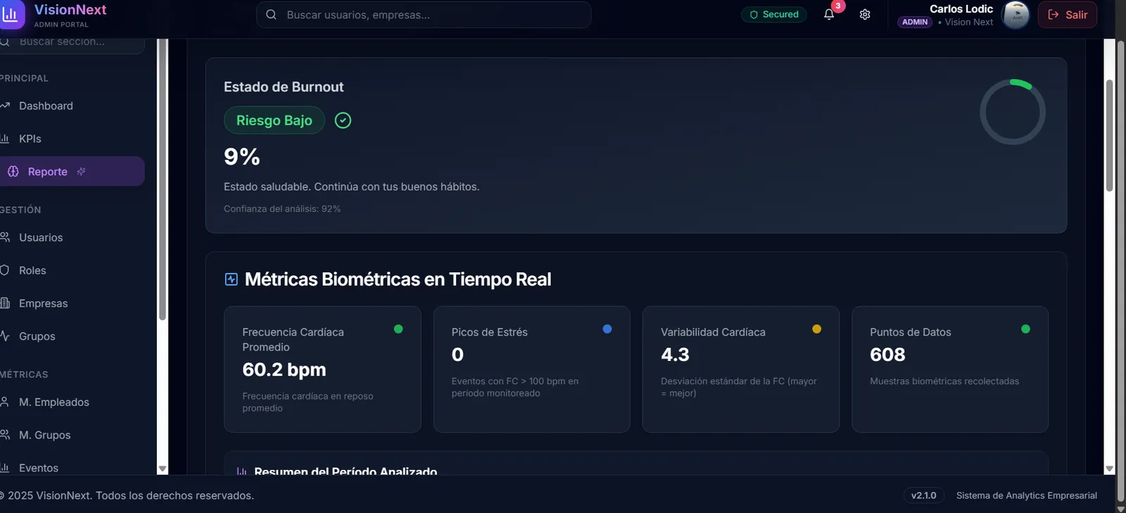 Informe de burnout con las métricas biométricas en tiempo real