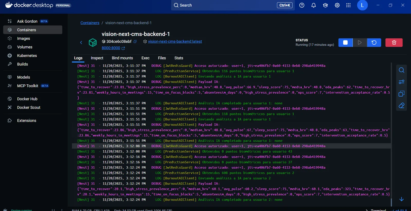 Logs del backend NestJS: guardia JWT sobre Redis y motor de análisis de burnout