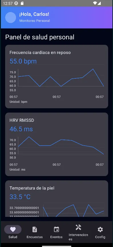 App Android: panel de salud con frecuencia cardíaca, HRV y temperatura de la piel